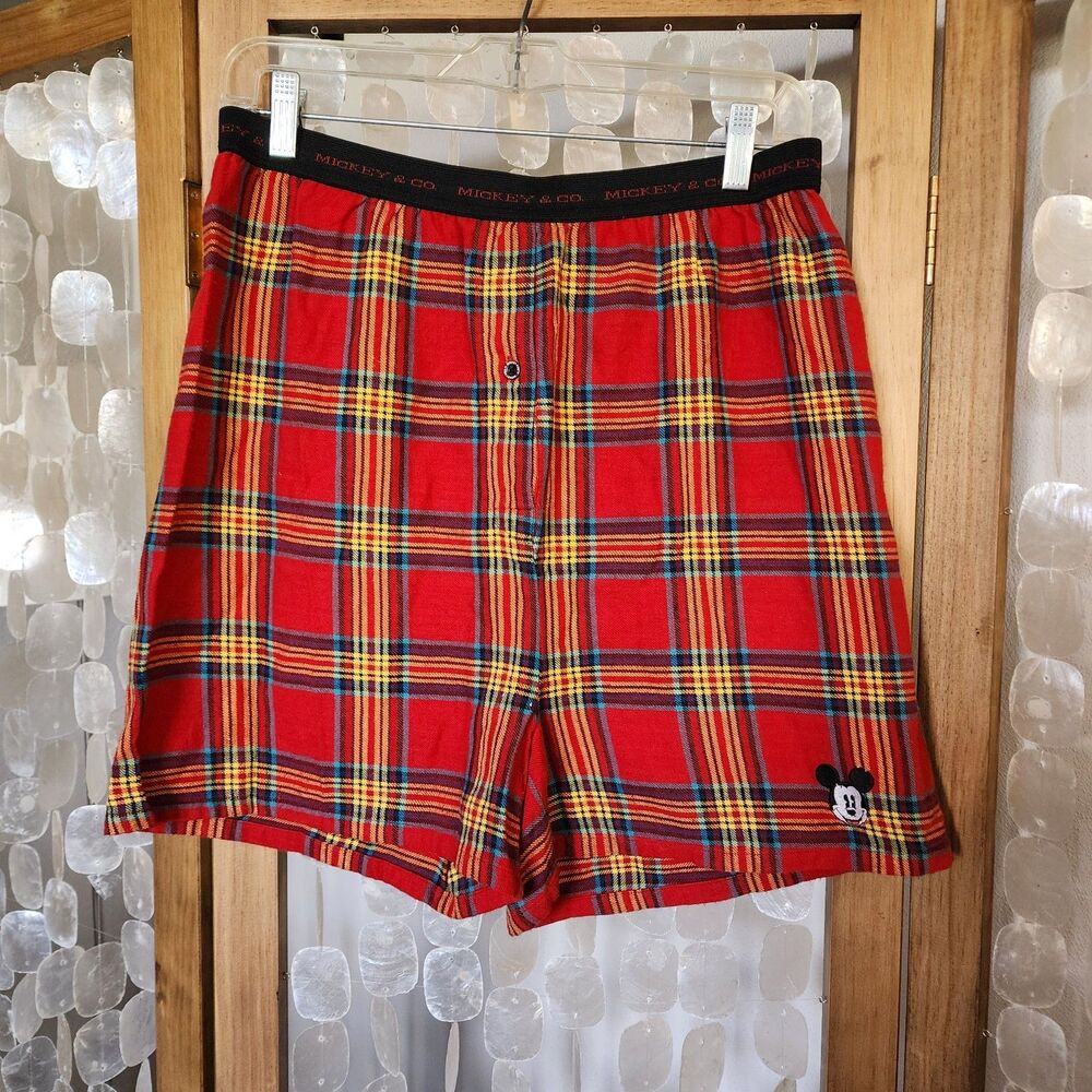 VTG Disney Mickey & Co Boxers Mens Large Red Plaid Mickey Mouse Lounge Shorts